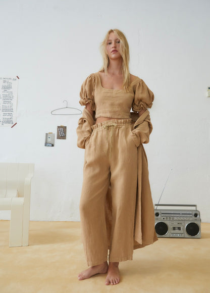 The New Society - Women's Long Beach Beige Linen Coat