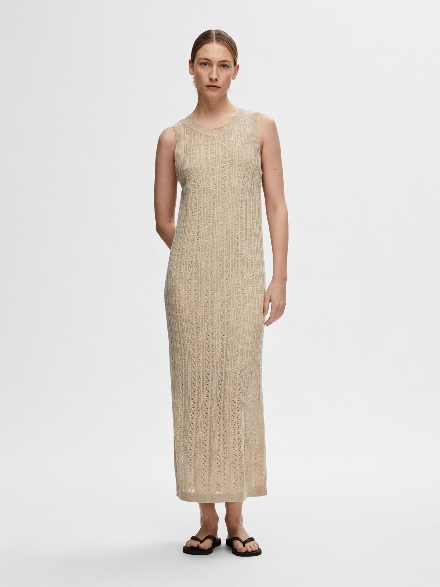 Long beige openwork knit dress