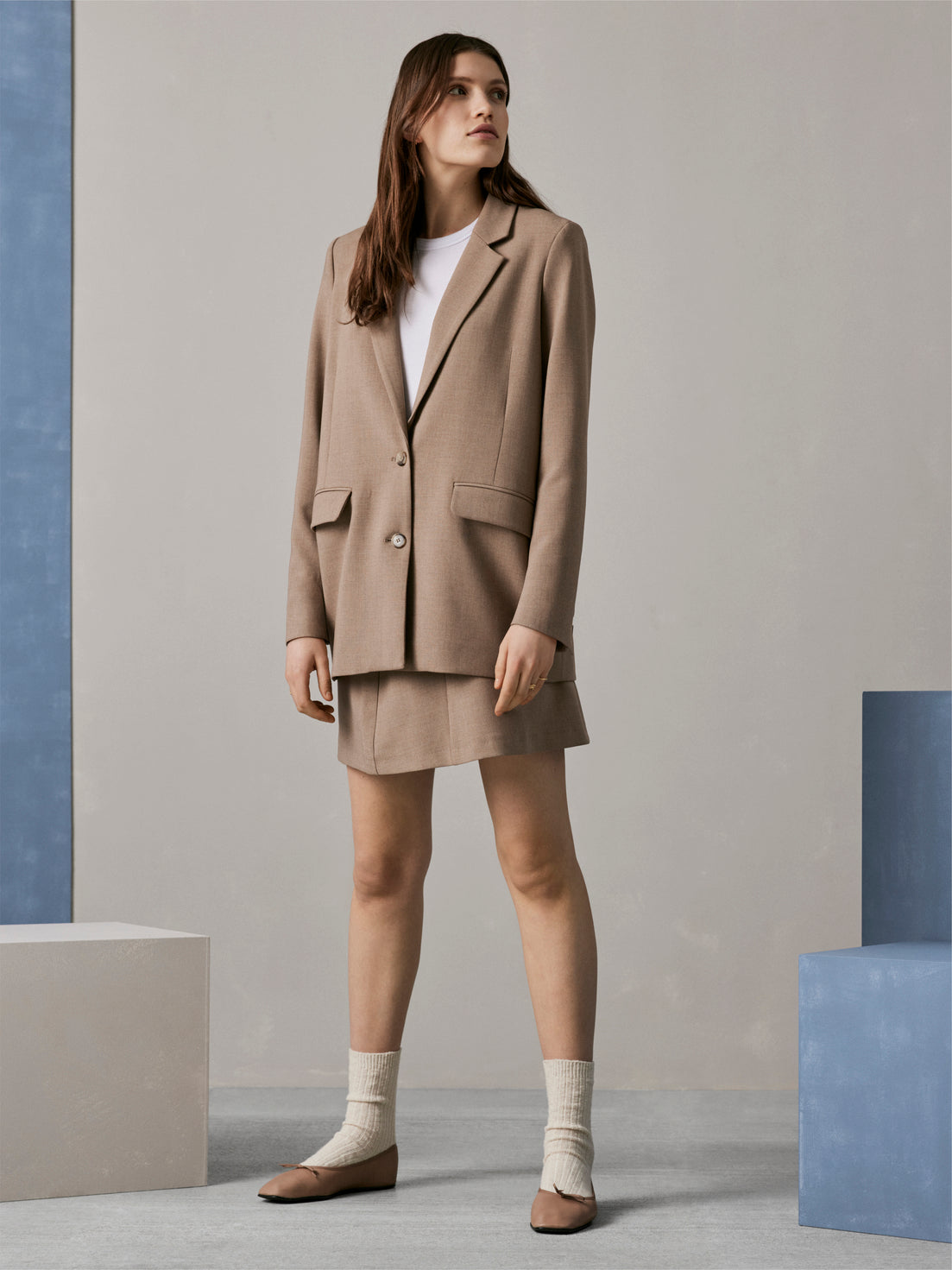 Blazer oversize mujer beige de poliéster reciclado