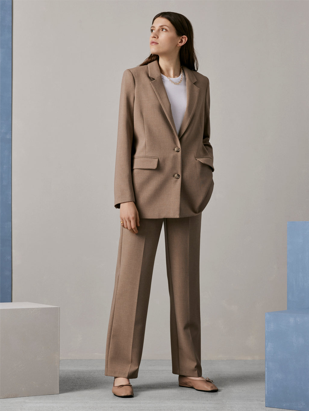 Blazer oversize mujer beige de poliéster reciclado