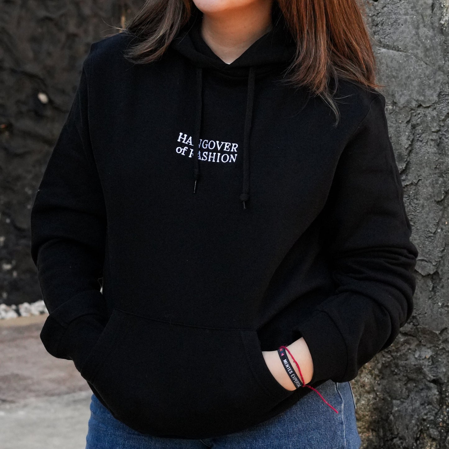 Unisex black cotton sweatshirt embroidered detail