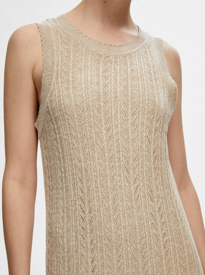 Long beige openwork knit dress