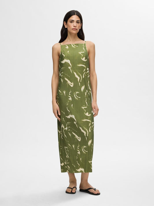 Long olive green pleated dress