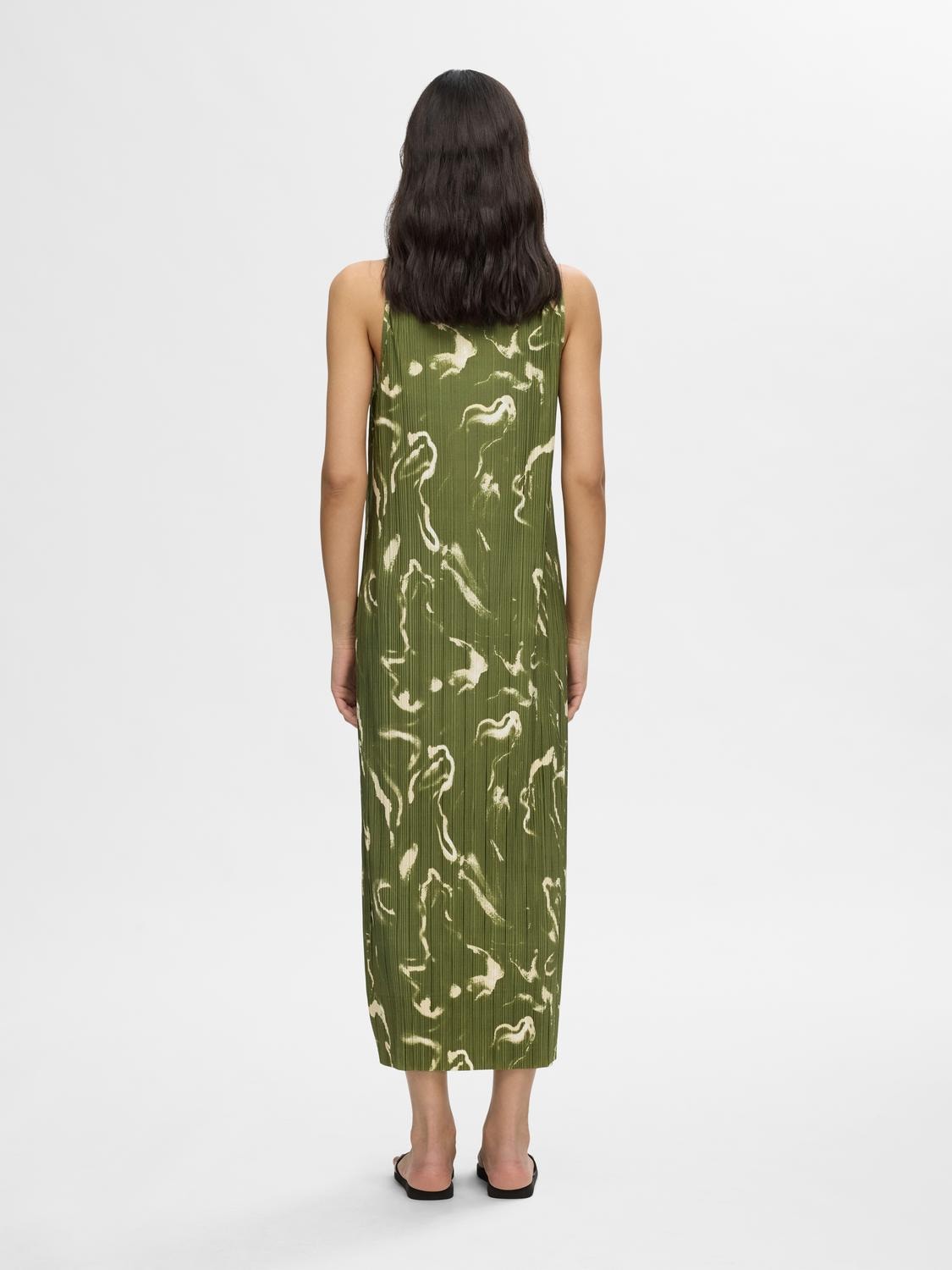 Long olive green pleated dress