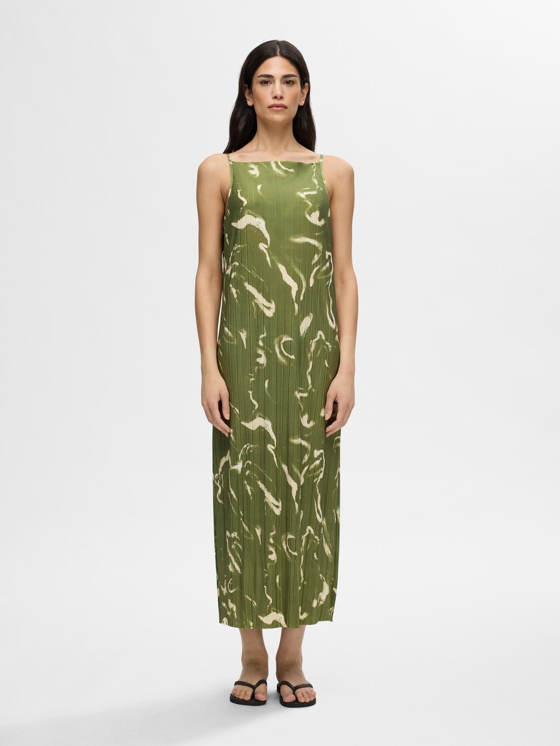 Long olive green pleated dress