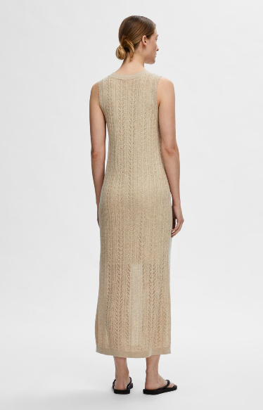 Long beige openwork knit dress